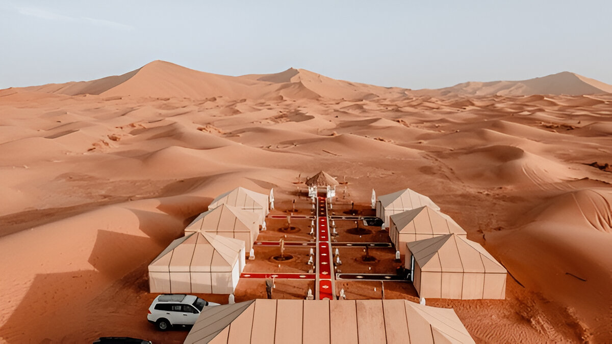 Private desert camp in the big dunes of Erg Chigaga Sahara Desert near Zagora Morocco