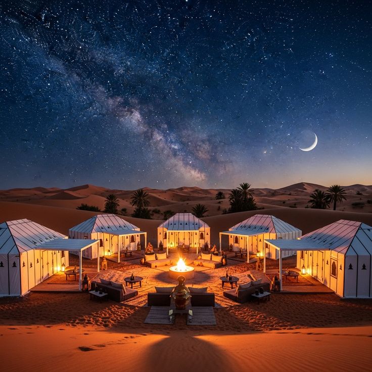 Luxury desert camp tents in the wild Erg Chigaga dunes Sahara Desert Morocco