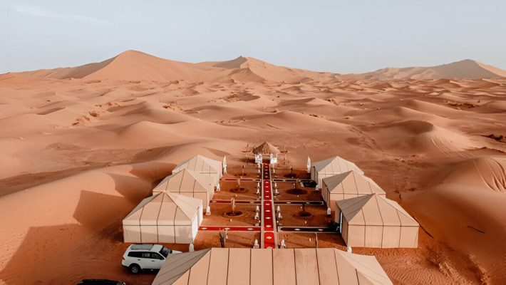 Luxury desert camp in the big dunes of Erg Chegaga Sahara Desert in Morocco