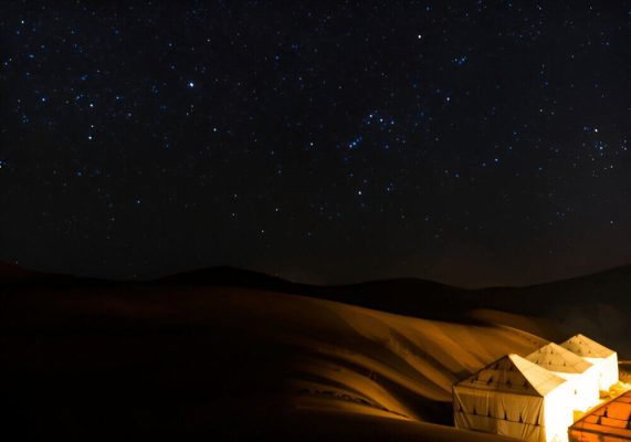 Luxury desert camp at night under the stars in the Sahara Desert near Merzouga