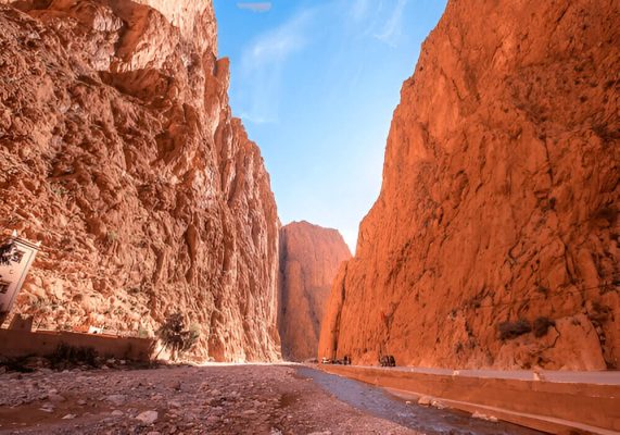 Todra Gorges canyon in Tinghir Morocco with high cliffs and river in Atlas Mountains
