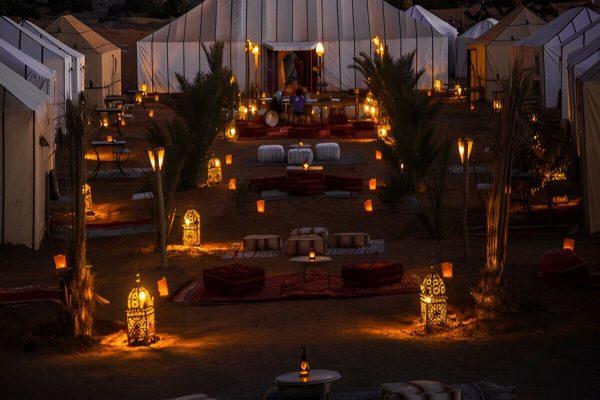 Luxury desert camp in the Sahara during a 3-day shared Marrakech to Fes desert tour