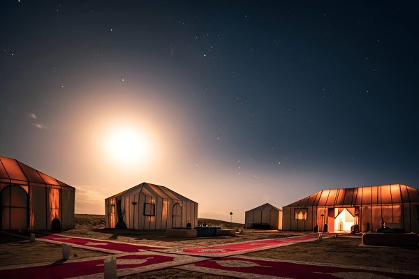 Luxury desert camp at night with stargazing on a 2-day Marrakech to Zagora tour