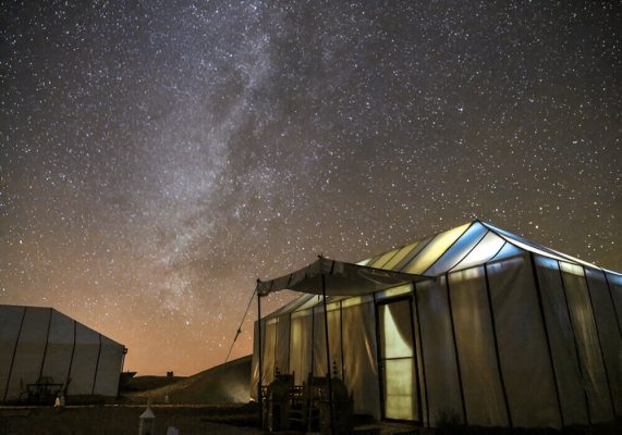 Stargazing under the stars in the Erg Chigaga Sahara at night